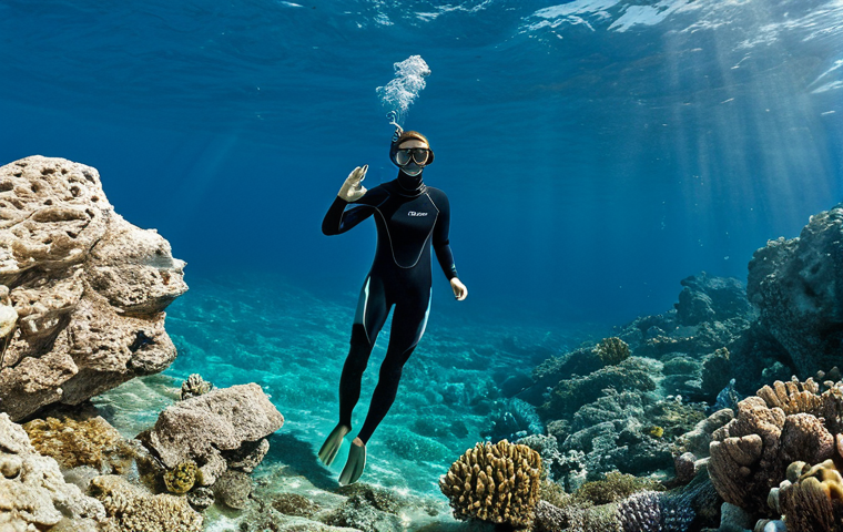 A solo explorer, fully clothed in a sleek, modest wetsuit and snorkeling gear, gracefully free-diving in the crystal-clear turquoise waters of the Aegean Sea. Below, ancient submerged stone structures and pottery fragments from a lost civilization are visible, surrounded by colorful, safe-for-work marine life. The scene is bathed in natural sunlight filtering through the surface. perfect anatomy, correct proportions, natural pose, well-formed hands, proper finger count, natural body proportions, appropriate content, fully clothed, modest clothing, family-friendly, high-resolution, professional photography, cinematic lighting.