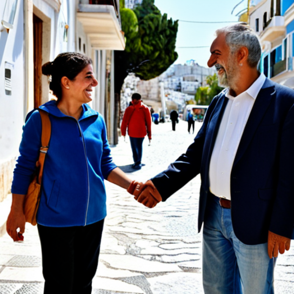 **

"A friendly Greek local greeting a tourist with a handshake in a sunny Athens street, appropriate attire, fully clothed, safe for work, perfect anatomy, natural proportions, family-friendly, professional photography, high quality, modest clothing."

**