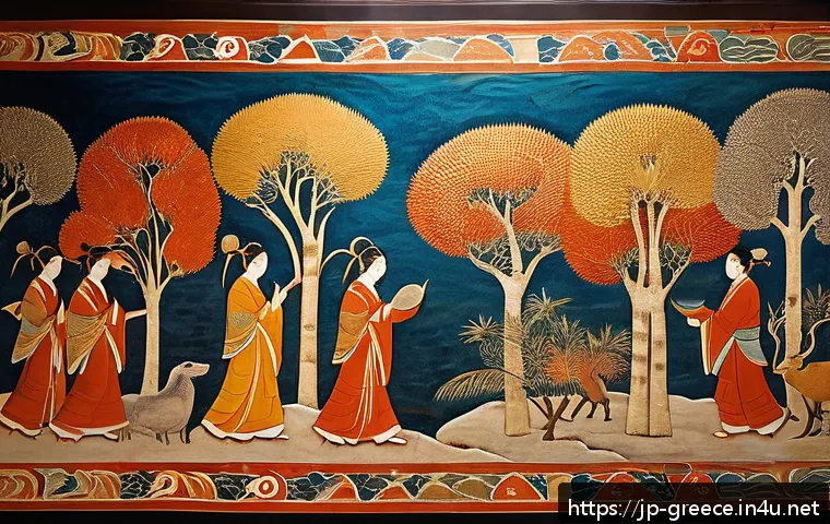 크레타 섬과 미노아 문명 - A vivid and detailed fresco from Minoan civilization depicting daily life and religious rituals, fea...