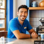 그리스어 기본 회화 - A cozy Greek caf&eacute; scene during daytime, featuring a friendly Japanese traveler in casual modern clot...