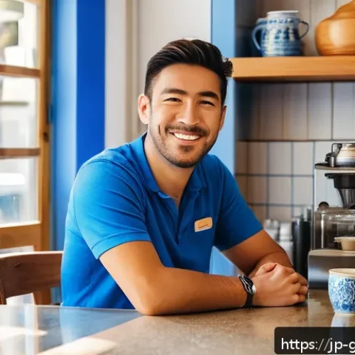 그리스어 기본 회화 - A cozy Greek caf&eacute; scene during daytime, featuring a friendly Japanese traveler in casual modern clot...