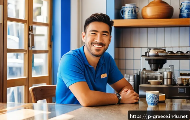 그리스어 기본 회화 - A cozy Greek caf&eacute; scene during daytime, featuring a friendly Japanese traveler in casual modern clot...