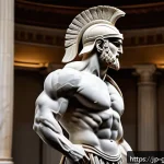 그리스의 대표적인 미술 작품 - A dynamic marble sculpture of an ancient Greek warrior in a powerful pose, showcasing finely detaile...