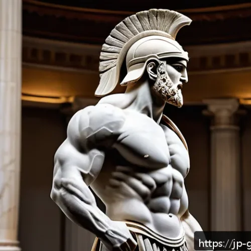 그리스의 대표적인 미술 작품 - A dynamic marble sculpture of an ancient Greek warrior in a powerful pose, showcasing finely detaile...