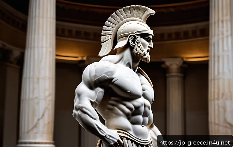 그리스의 대표적인 미술 작품 - A dynamic marble sculpture of an ancient Greek warrior in a powerful pose, showcasing finely detaile...