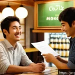 그리스에서 아르바이트 구하기 - A friendly, multicultural caf&eacute; scene in Athens, showing a young Japanese person with neat casual att...