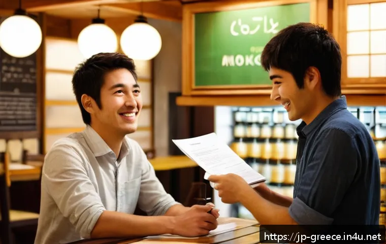 그리스에서 아르바이트 구하기 - A friendly, multicultural caf&eacute; scene in Athens, showing a young Japanese person with neat casual att...