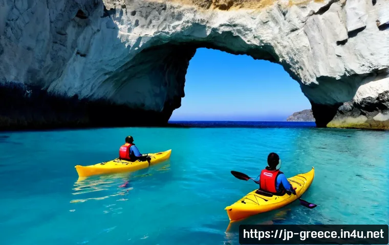 그리스에서 체험할 수 있는 액티비티 - Photorealistic sea kayaking adventure along the turquoise coast of Milos, Greece, two adult traveler...