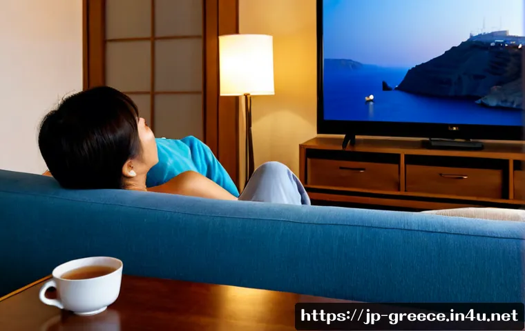 그리스 영화 및 드라마 추천 - Photorealistic cozy evening scene of a Japanese couple in their 50s relaxing on a sofa, watching a G...